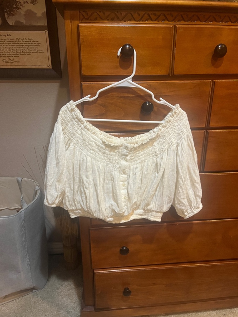 Free People Cream Off-Shoulder Smocked Button Peasant Top